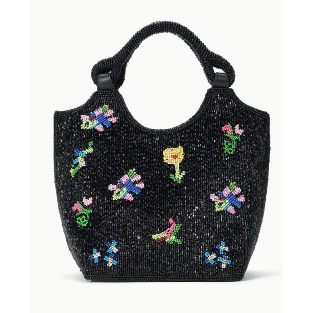 STAUD Black Beaded Floral Tote